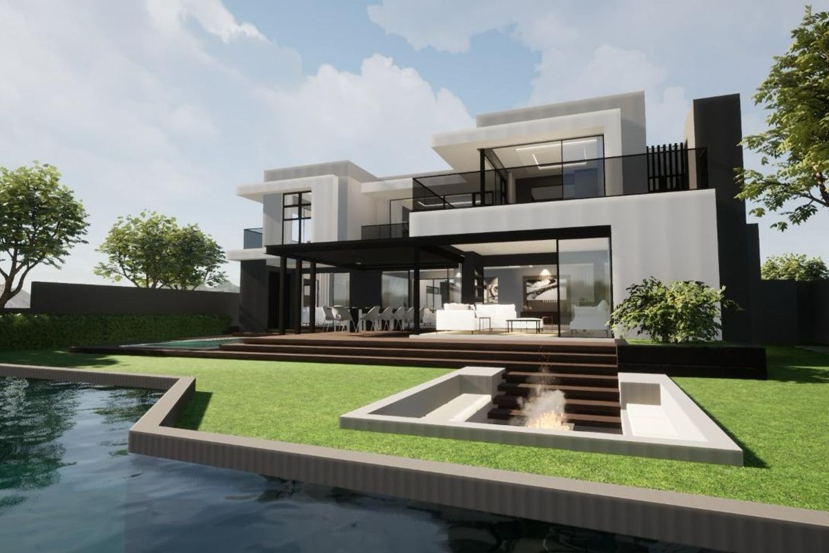 Modern architectural rear elevation featuring a swimming pool, sunken fire pit, timber decking, and a spacious covered patio with large glass sliding doors.