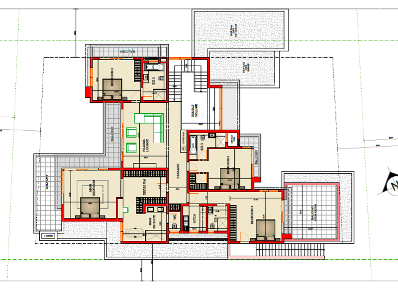 Architectural floor plan showing the layout of the upper level, including four bedrooms, en-suite bathrooms, a pajama lounge, and balcony access.