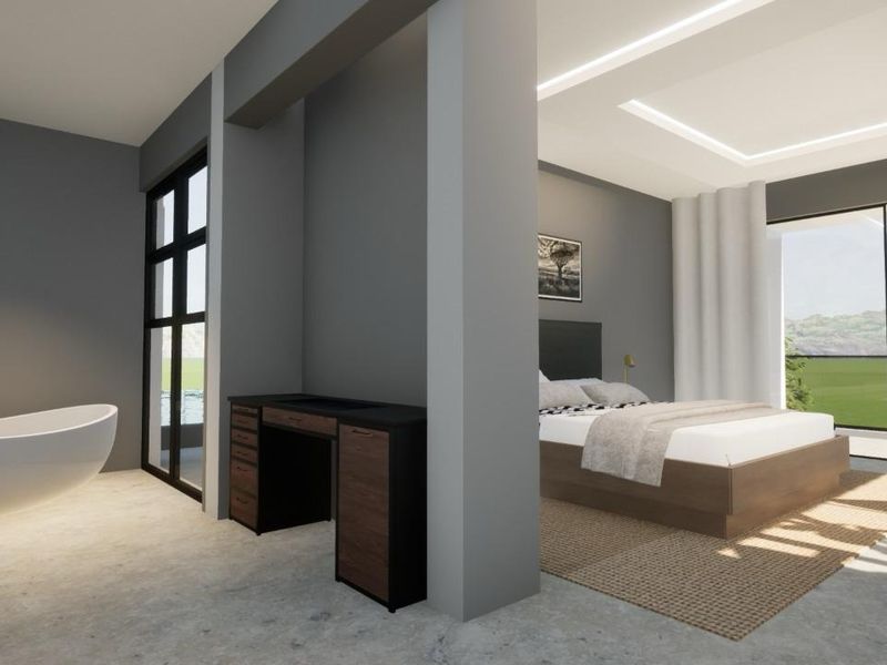 Modern open-plan bedroom suite featuring a sleek freestanding bathtub, integrated vanity area, and large sliding glass doors with scenic views.
