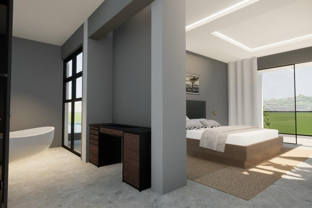 Modern open-plan bedroom suite featuring a sleek freestanding bathtub, integrated vanity area, and large sliding glass doors with scenic views.