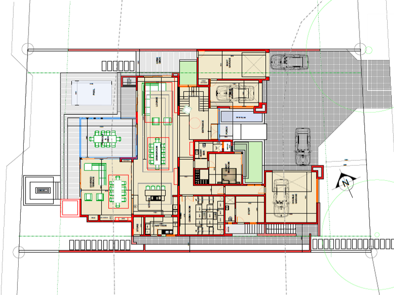 Architectural floor plan showing the layout of the property, including living areas, bedrooms, garages, and outdoor spaces.