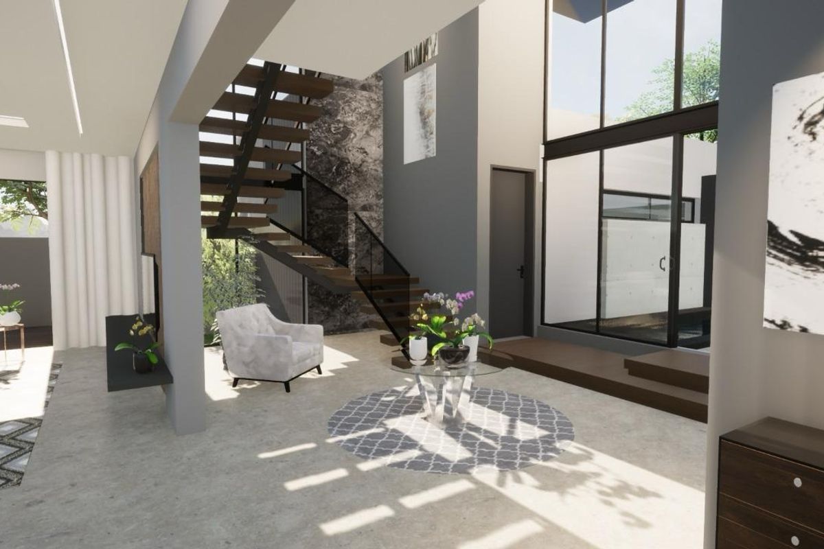 Modern open-plan living area featuring a striking floating staircase, double-height windows, and a sophisticated stone feature wall with polished concrete flooring.