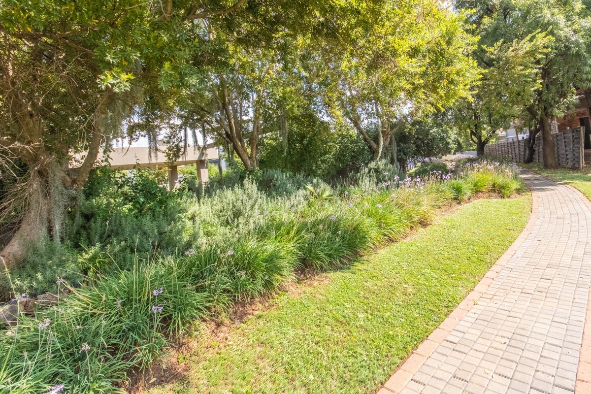 A well-maintained garden area featuring a paved walkway winding through mature trees and established landscaping.