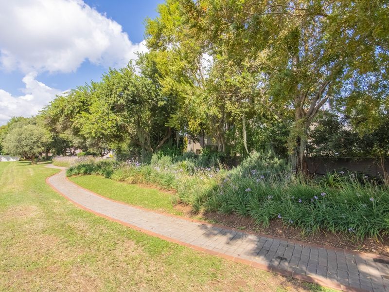 A well-maintained garden area featuring a paved walkway winding through mature trees and established landscaping.