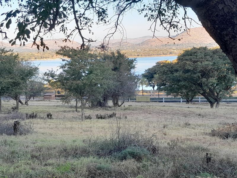 A scenic view of the lake and surrounding mountains from the vacant residential land, framed by mature trees.