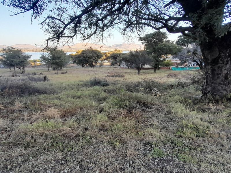 A scenic view of the vacant residential land featuring mature trees and a gentle slope, overlooking the distant lake and mountain landscape.