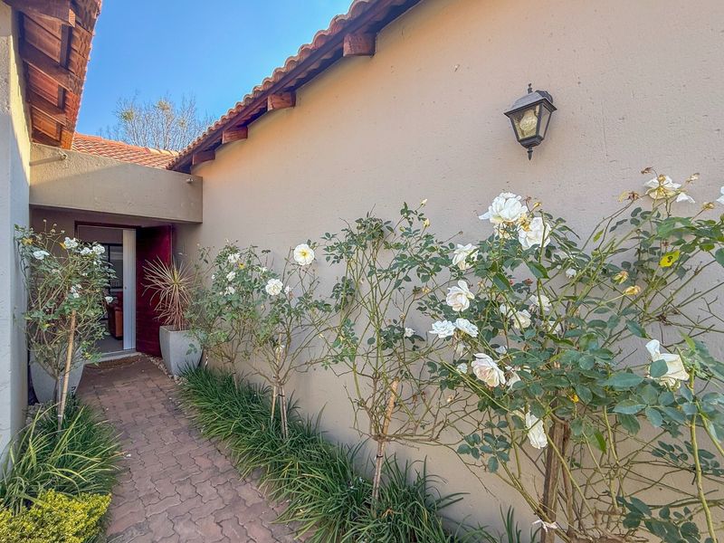A paved walkway leads to the main entrance of the house, flanked by a plastered wall with an exterior light fixture and rose bushes.