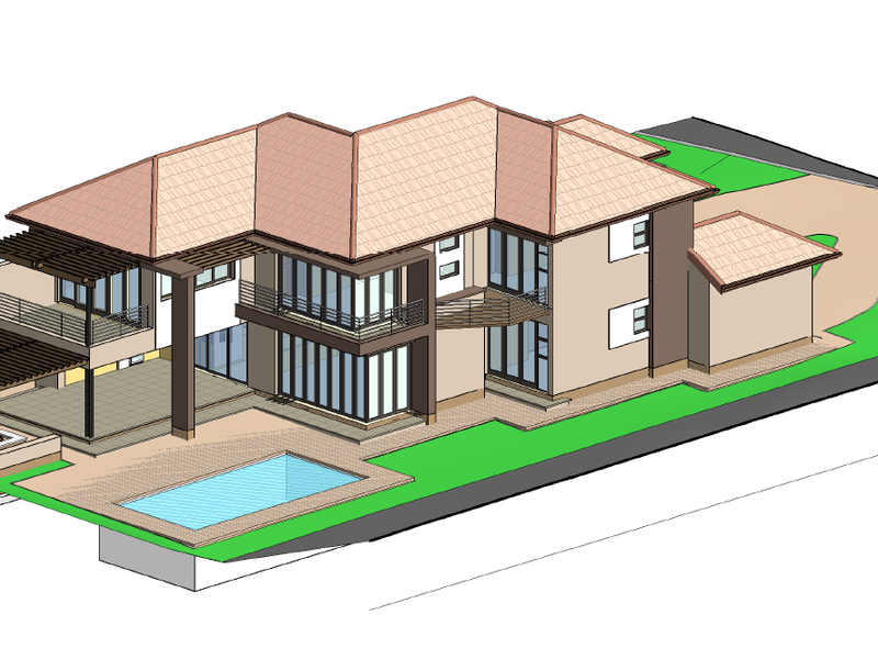 An architectural 3D rendering of a residential property featuring a multi-level design, swimming pool, covered patio, and landscaped outdoor areas.
