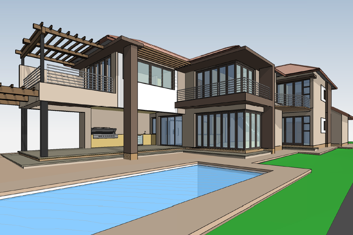 A 3D architectural rendering of a modern residential rear elevation featuring a swimming pool, covered patio, and upper-level balconies.