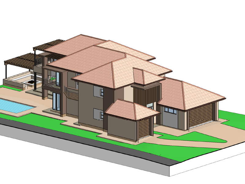 A 3D architectural rendering of a modern residential property featuring a tiled roof, swimming pool, covered patio, and double garage.