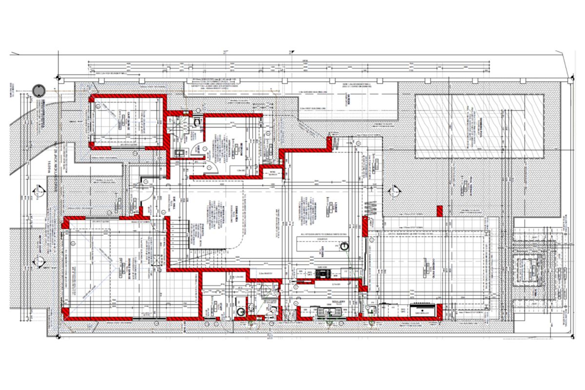 Architectural floor plan detailing the layout of the residential property, including garage, living areas, kitchen, scullery, and outdoor pool area.
