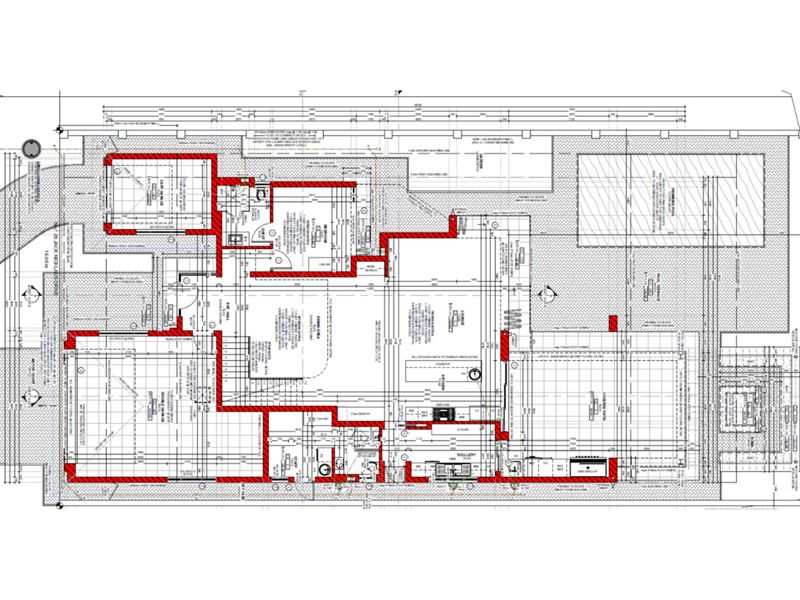 Architectural floor plan detailing the layout of the residential property, including garage, living areas, kitchen, scullery, and outdoor pool area.