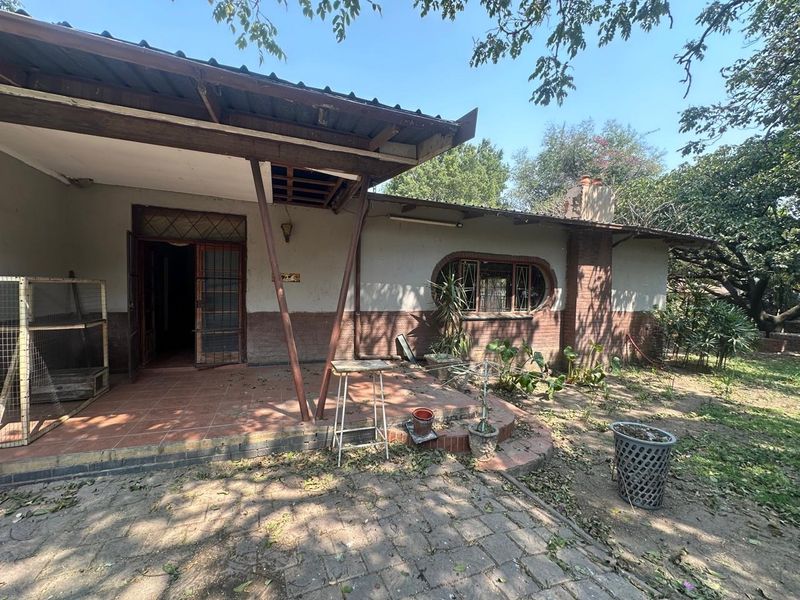 Rear exterior view of the property featuring a covered patio area, brick facade, and established garden surroundings requiring maintenance.