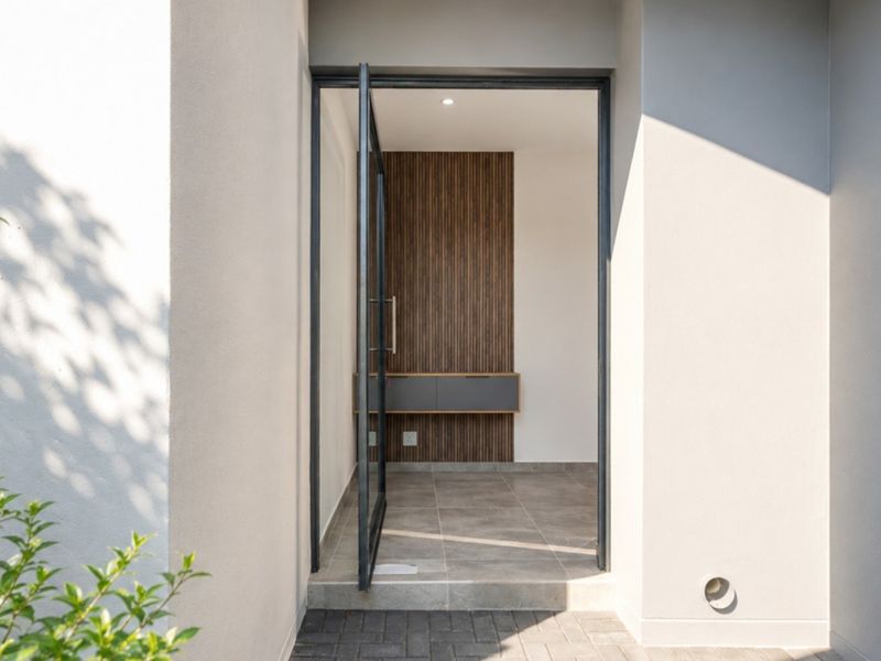 Modern entrance featuring a sleek pivot door, tiled flooring, and a contemporary timber-accented wall with integrated floating cabinetry.