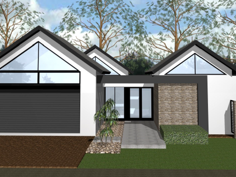 A digital architectural rendering of a modern residential front facade featuring a garage, stone accents, and a paved entrance walkway.