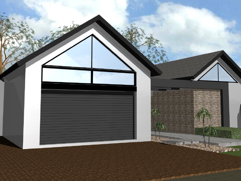 A digital architectural rendering of a modern residential property facade featuring a garage, stone cladding, and distinctive triangular gable windows.