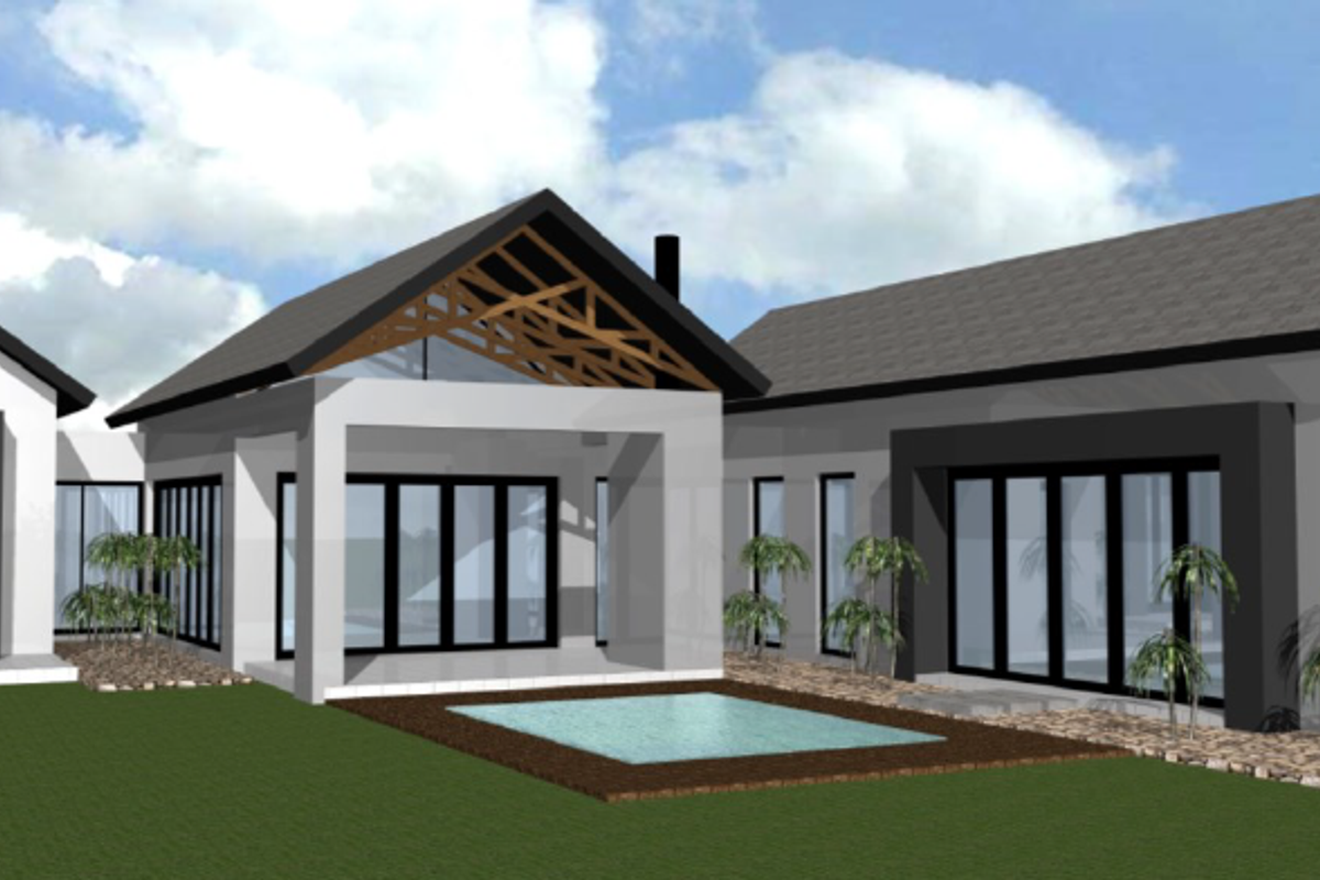 A 3D architectural rendering of a modern residential rear elevation featuring a swimming pool, covered patio, and expansive glass sliding doors.