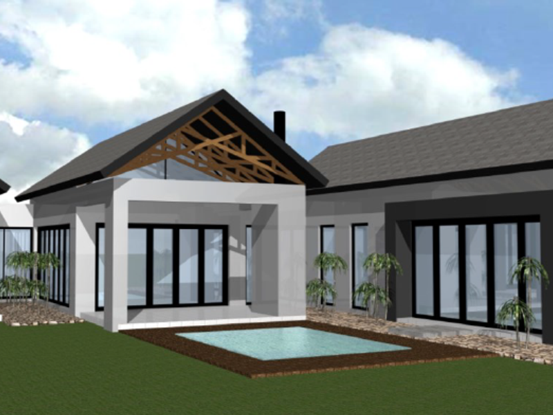 A 3D architectural rendering of a modern residential rear elevation featuring a swimming pool, covered patio, and expansive glass sliding doors.