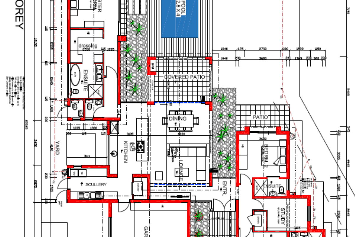 Architectural ground floor plan for a residential property featuring a pool, covered patio, multiple bedrooms with ensuites, and a double garage.