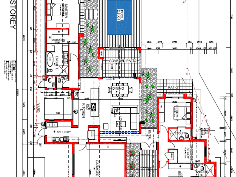 Architectural ground floor plan for a residential property featuring a pool, covered patio, multiple bedrooms with ensuites, and a double garage.