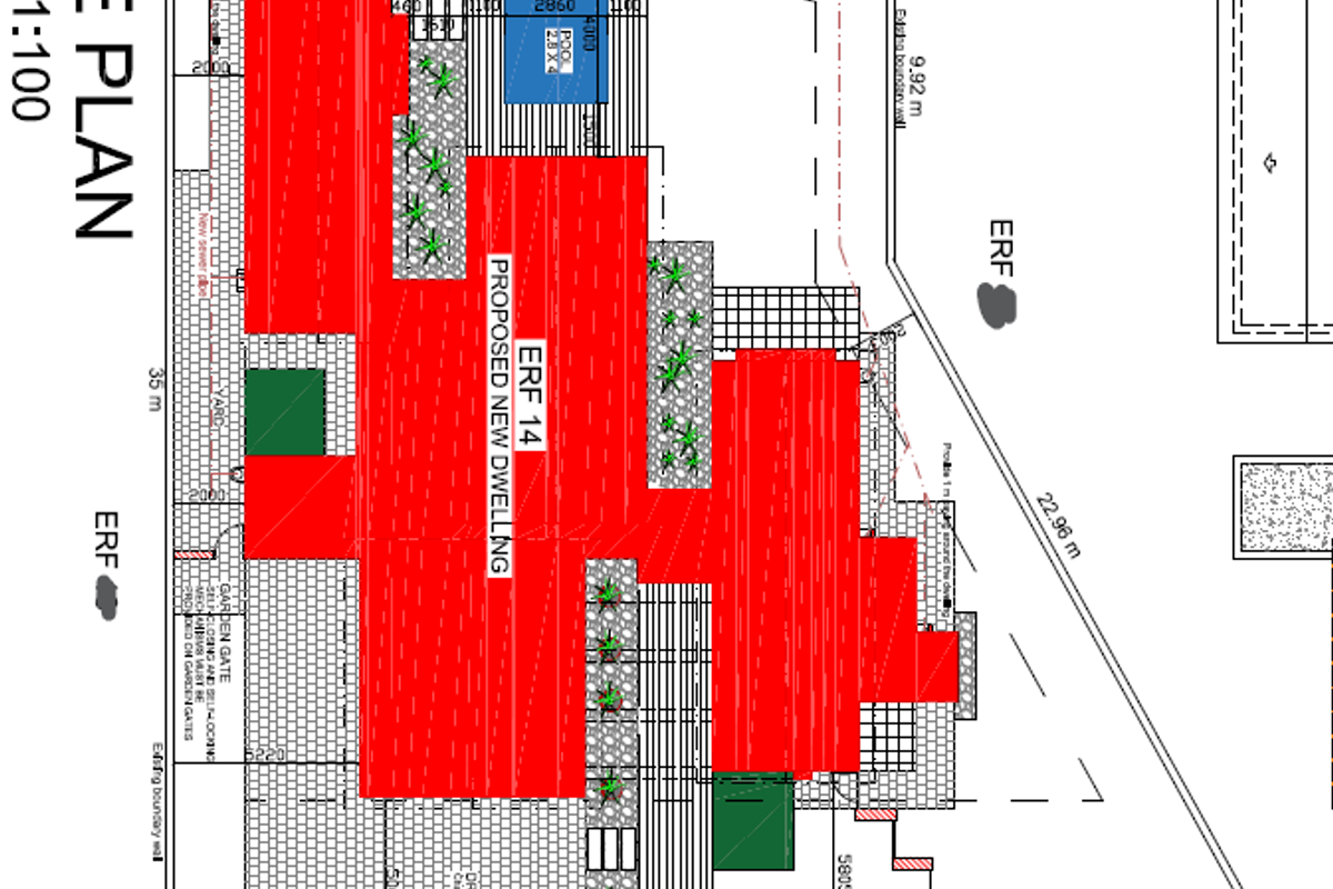 A detailed site plan for Erf 14, illustrating the proposed dwelling footprint, swimming pool, driveway, and boundary fencing on the residential plot.