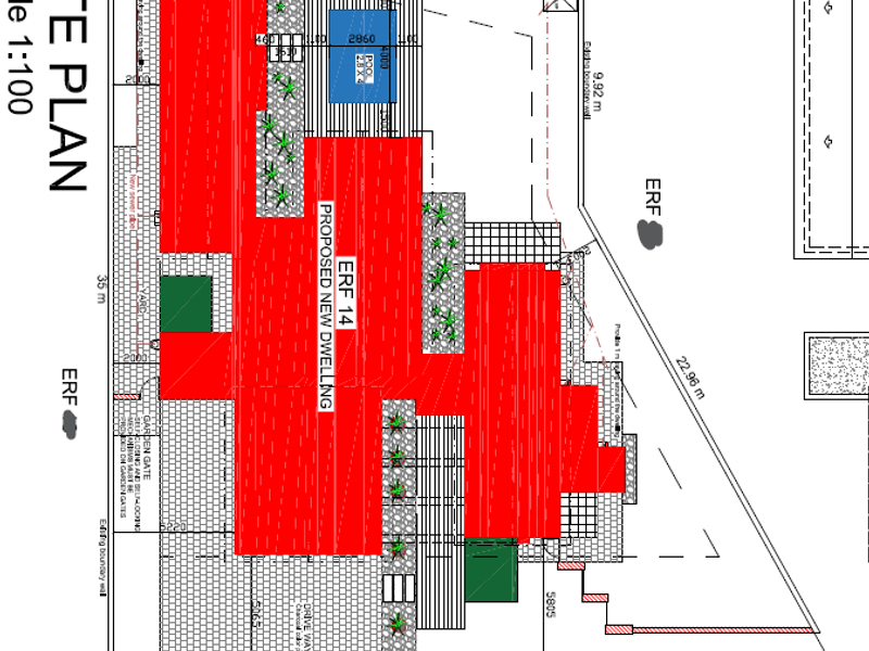 A detailed site plan for Erf 14, illustrating the proposed dwelling footprint, swimming pool, driveway, and boundary fencing on the residential plot.