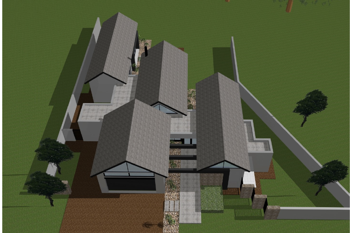 An aerial 3D architectural rendering showing the proposed layout and roof structure of a residential property on a spacious plot.
