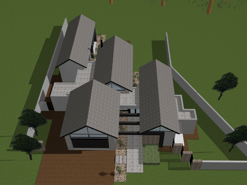 An aerial 3D architectural rendering showing the proposed layout and roof structure of a residential property on a spacious plot.