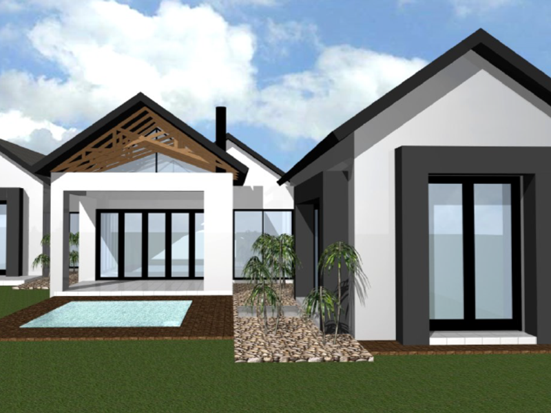 A 3D architectural rendering of a modern residential property featuring a rear patio, swimming pool, and contemporary facade design.