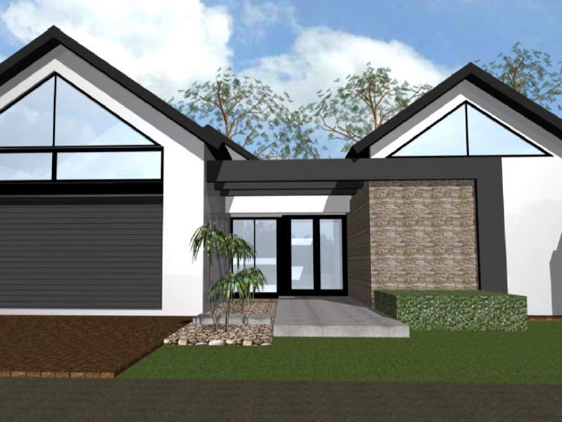 A modern architectural rendering of a residential front facade featuring stone cladding, large glass gable windows, and a clean, contemporary design.