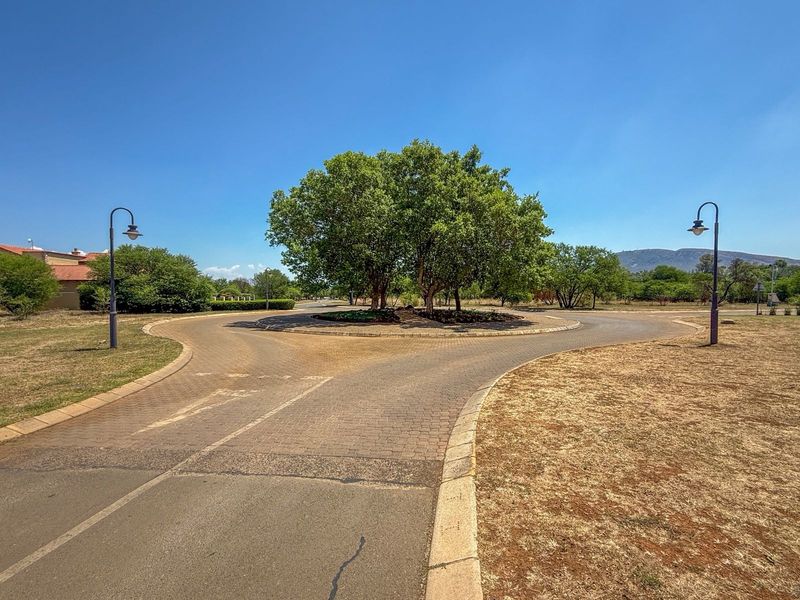 A view of a paved residential roundabout featuring a landscaped central island with mature trees and street lighting in a well-maintained estate setting.
