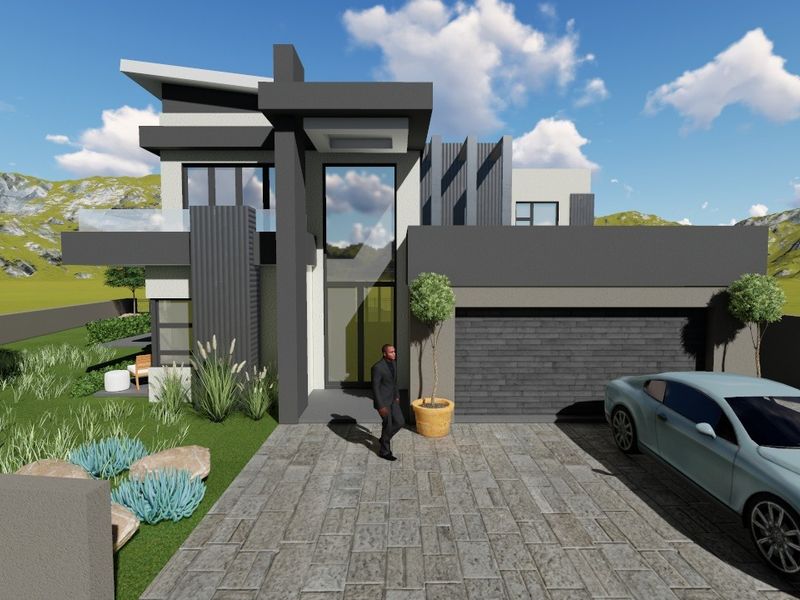 A modern architectural rendering of a contemporary double-story home featuring a sleek facade, glass entrance, and a paved driveway with integrated garage.