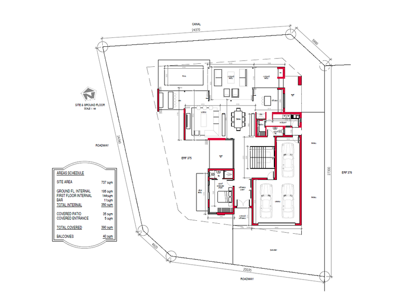 Architectural floor plan showing the ground floor layout, including garage, living areas, kitchen, scullery, patio, and swimming pool.