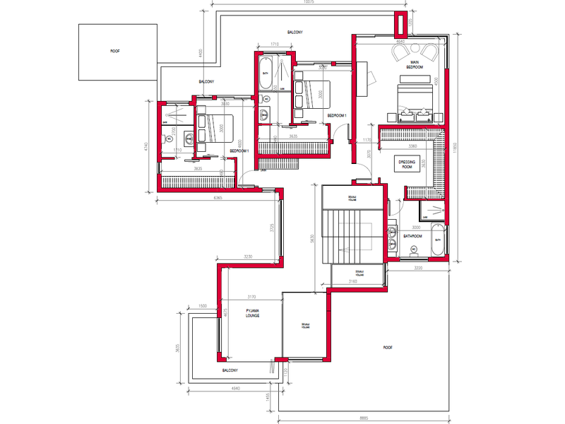 Architectural floor plan showing the layout of the upper level, including bedrooms, bathrooms, dressing room, pyjama lounge, and balconies.