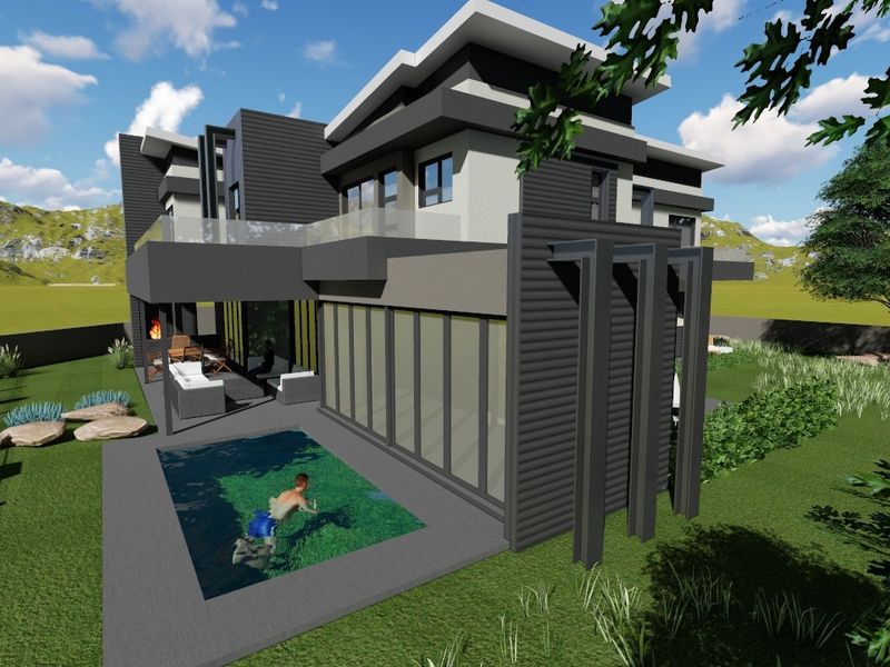 A modern architectural 3D render of a rear house elevation featuring a swimming pool, covered patio with fireplace, and upper-level balcony.