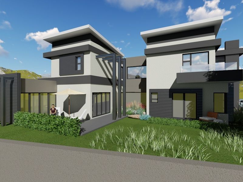 A modern architectural 3D render of a contemporary two-story house featuring clean lines, a flat roof, and a landscaped front garden.