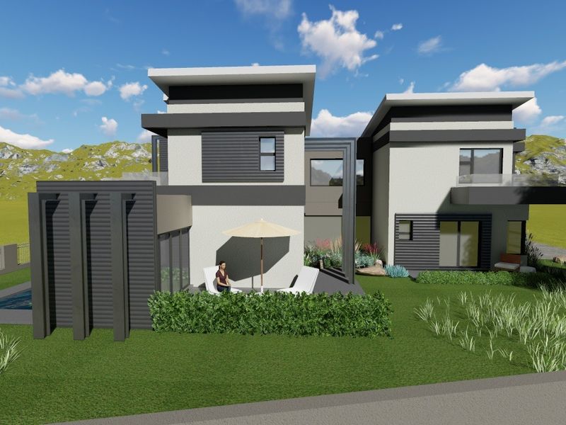 A modern architectural rendering of a contemporary two-story home featuring clean lines, flat roofs, and a landscaped rear garden with a patio area.