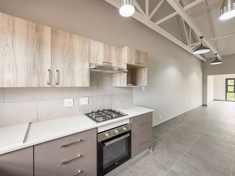 Modern open-plan kitchen featuring light wood-grain cabinetry, stone countertops, gas hob, and exposed roof trusses, creating a bright and spacious living area.