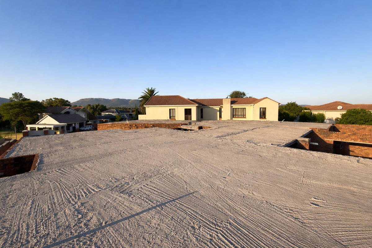 Aerial view of a property showing an unfinished flat roof section with exposed brickwork and a neighboring tiled roof structure.