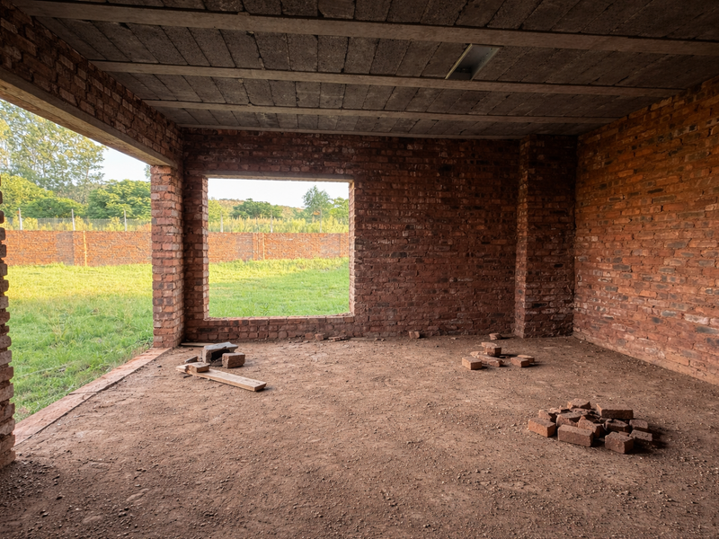 An unfinished interior space featuring exposed brick walls and a concrete ceiling, currently in a shell state awaiting completion and interior finishes.