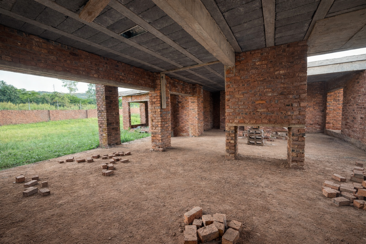 An unfinished open-plan interior space featuring exposed brick walls, concrete support columns, and a raw concrete ceiling, currently in shell construction state.