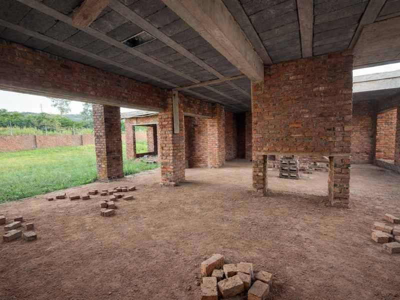 An unfinished open-plan interior space featuring exposed brick walls, concrete support columns, and a raw concrete ceiling, currently in shell construction state.