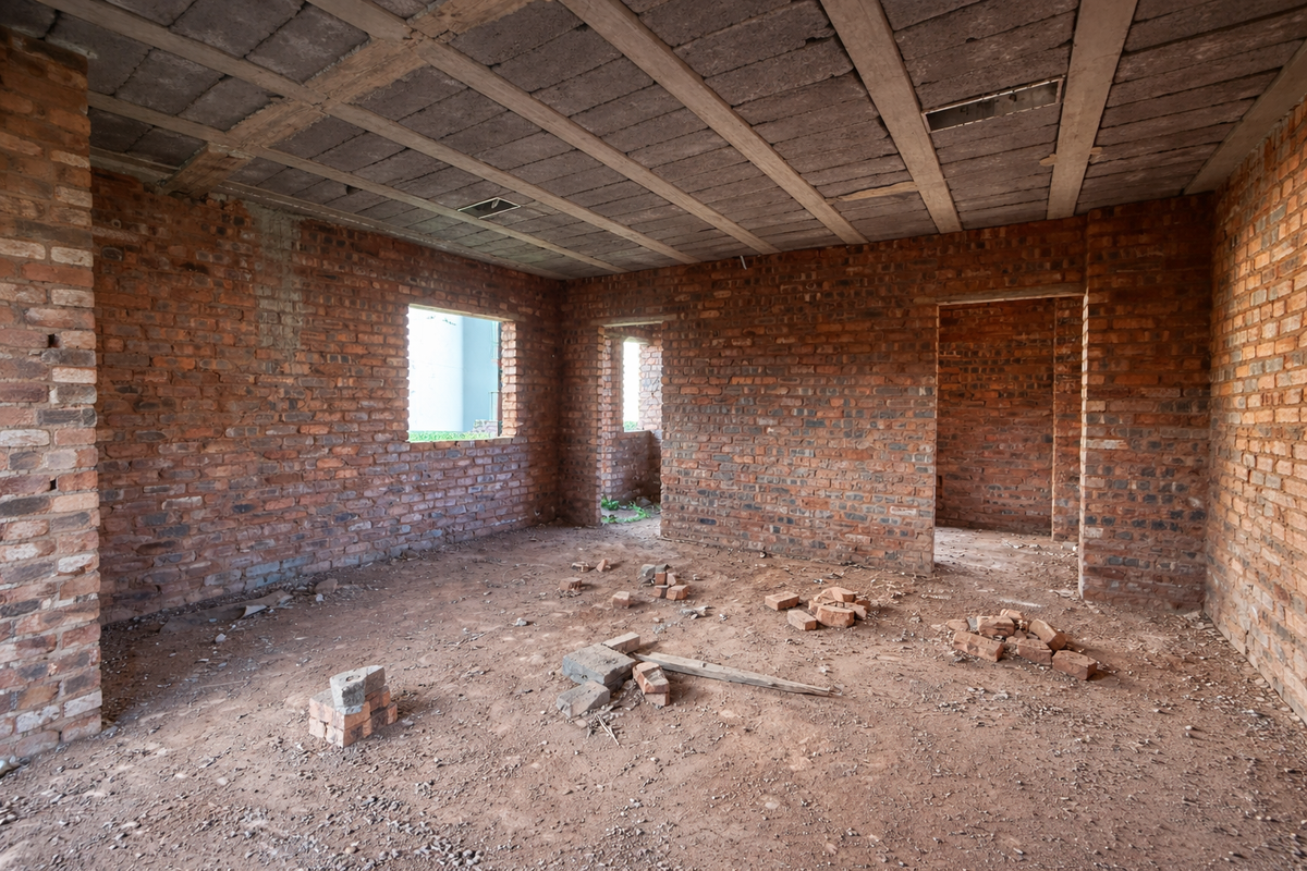 An unfinished interior space featuring exposed brick walls and a concrete slab ceiling, currently in the early stages of construction.