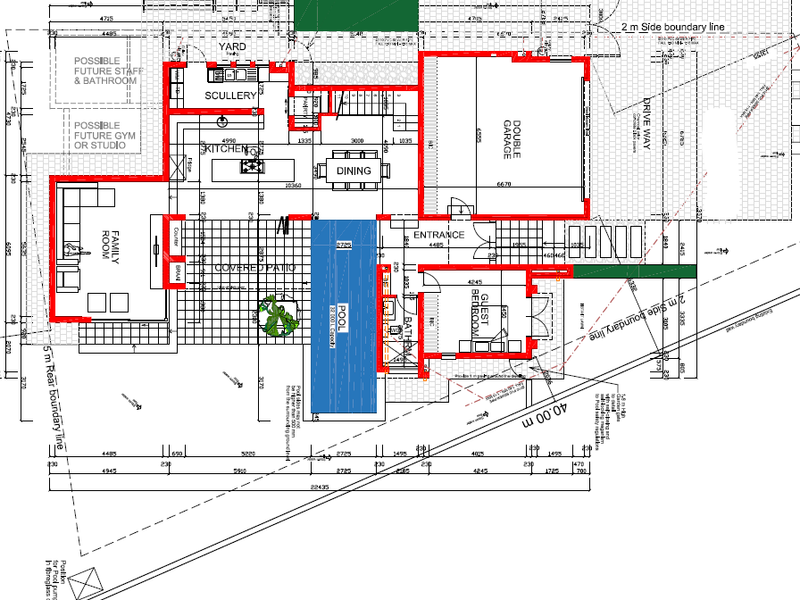 Architectural floor plan showing the layout of a house including a double garage, swimming pool, covered patio, and multiple living areas.