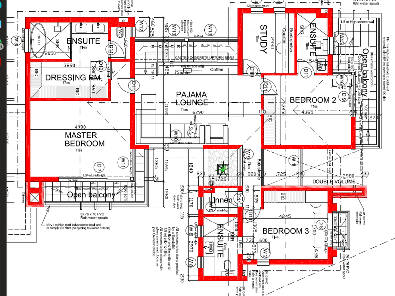 Architectural floor plan detailing the layout of the upper level, including bedrooms, en-suites, pajama lounge, study, and open balconies.