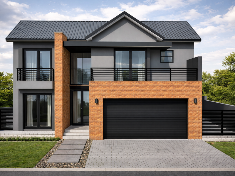 Modern two-story house featuring a striking combination of grey render and brick facade, complete with a double garage and a spacious upper-level balcony.