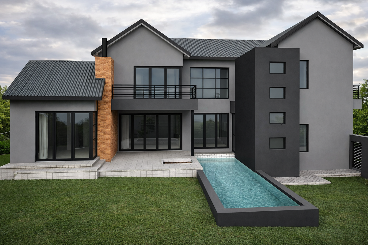Modern double-story residence featuring a rear patio, integrated swimming pool, balcony, and contemporary grey facade with contrasting brick chimney detail.