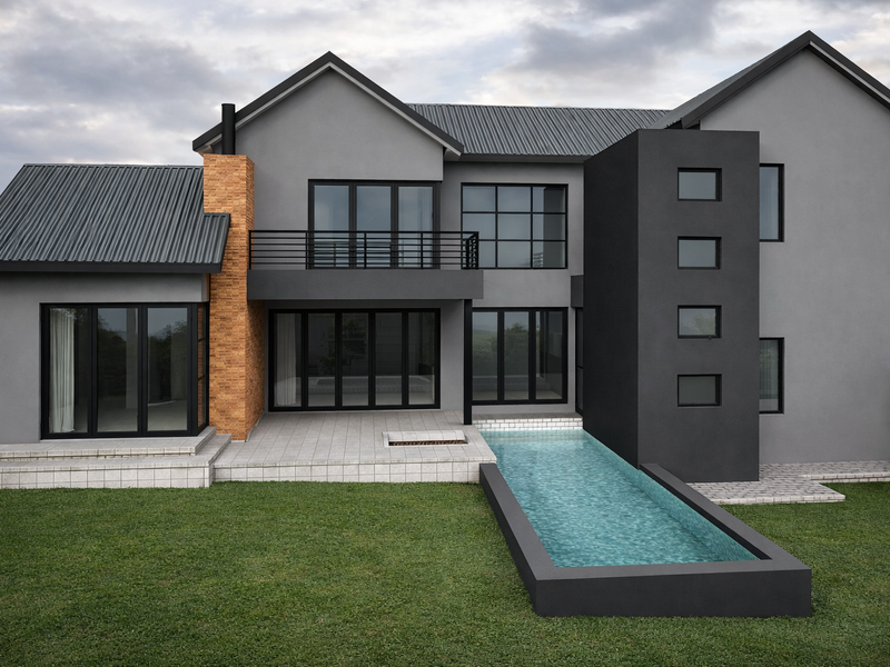 Modern double-story residence featuring a rear patio, integrated swimming pool, balcony, and contemporary grey facade with contrasting brick chimney detail.