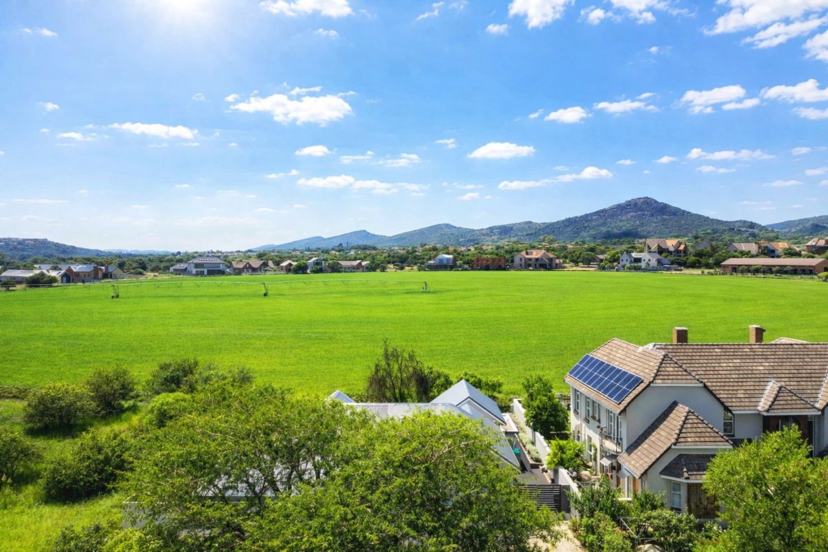 Aerial view of the property featuring a tiled roof with installed solar panels, overlooking a large green field and surrounding estate landscape.