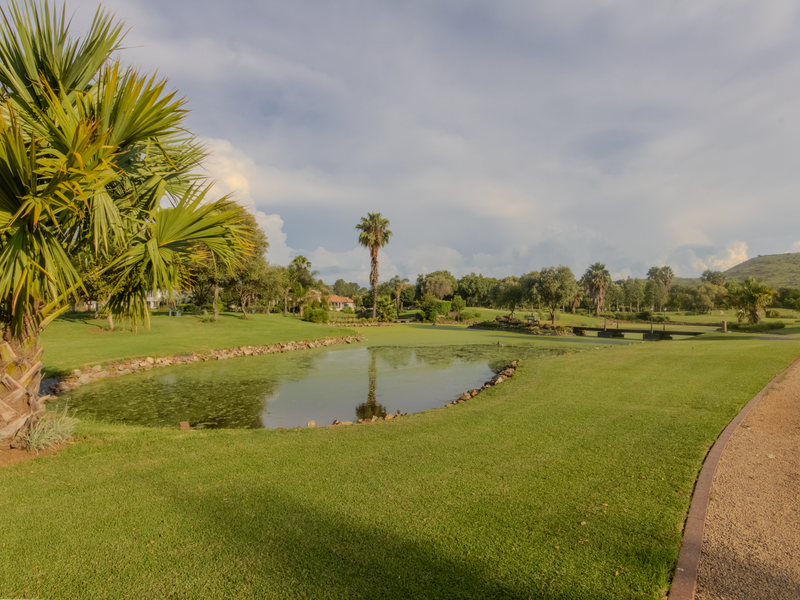 A well-maintained residential garden featuring a manicured lawn, a central ornamental pond, and a gravel pathway surrounded by mature landscaping.
